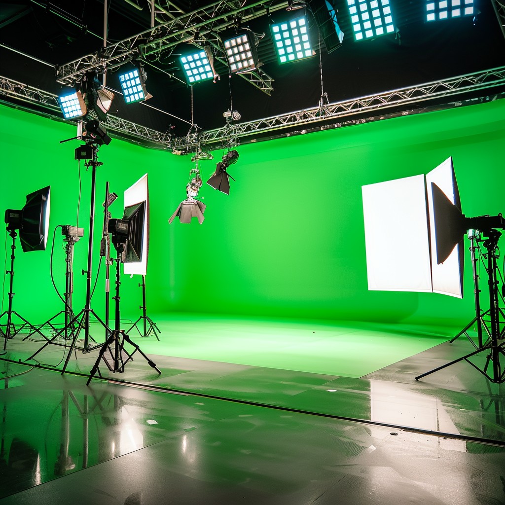 Green screen shooting floor with lighting rig at Digitrack Studios