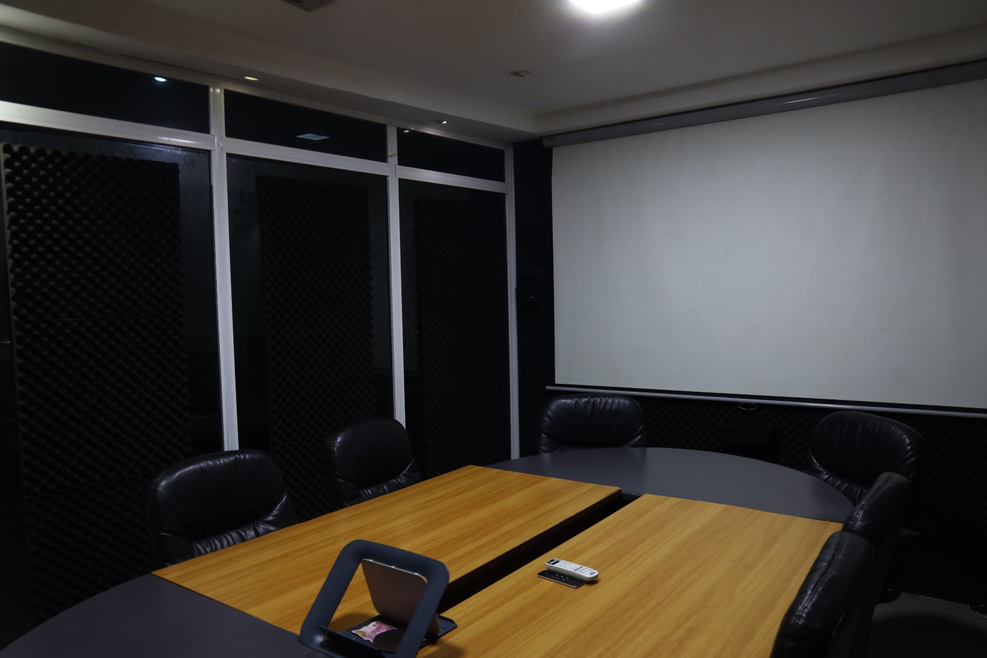 Conference Room B at Digitrack Studios with glass partitions, padded executive chairs and projector screen