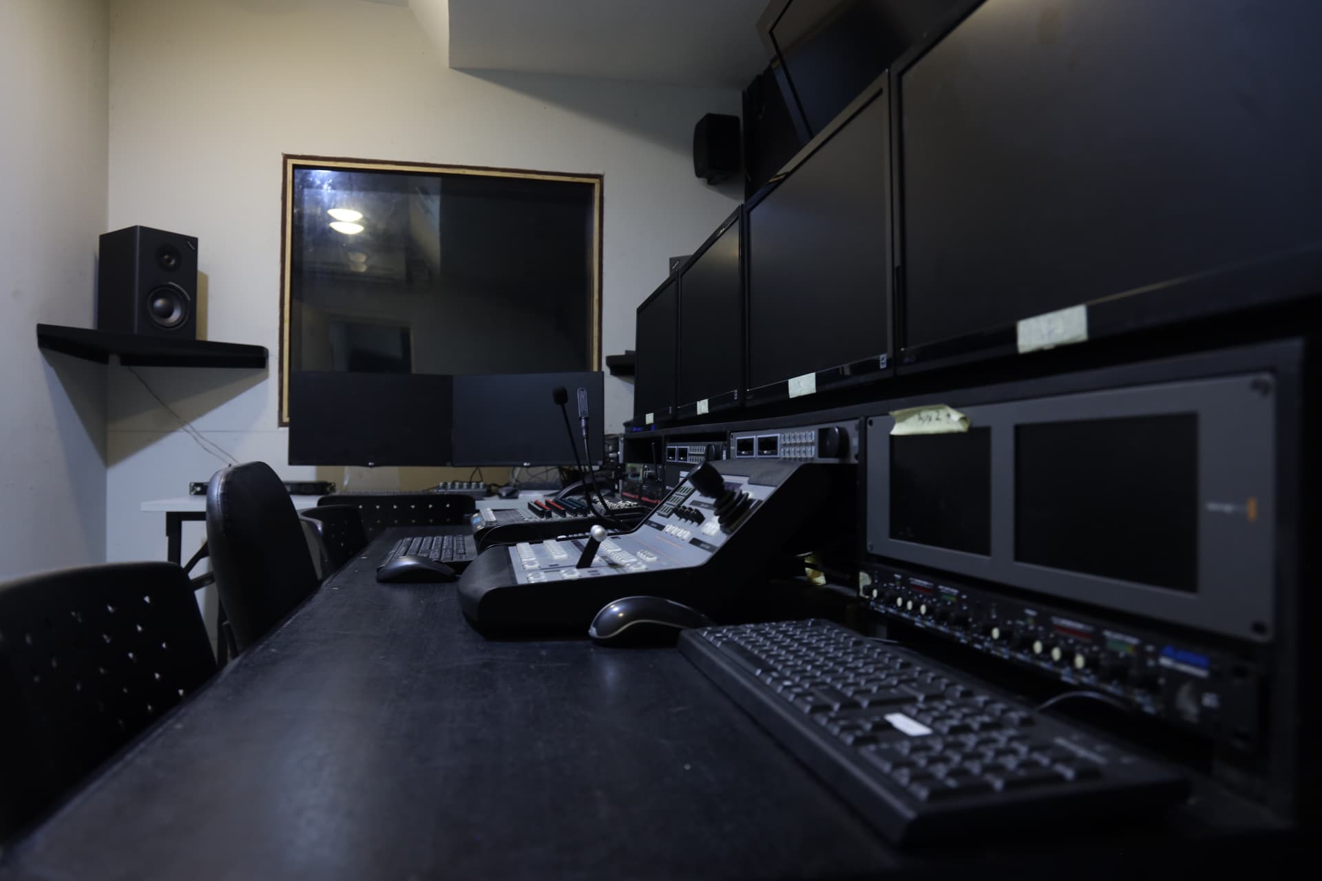 Control Room A video switcher console with T-bar and joystick at Digitrack Studios