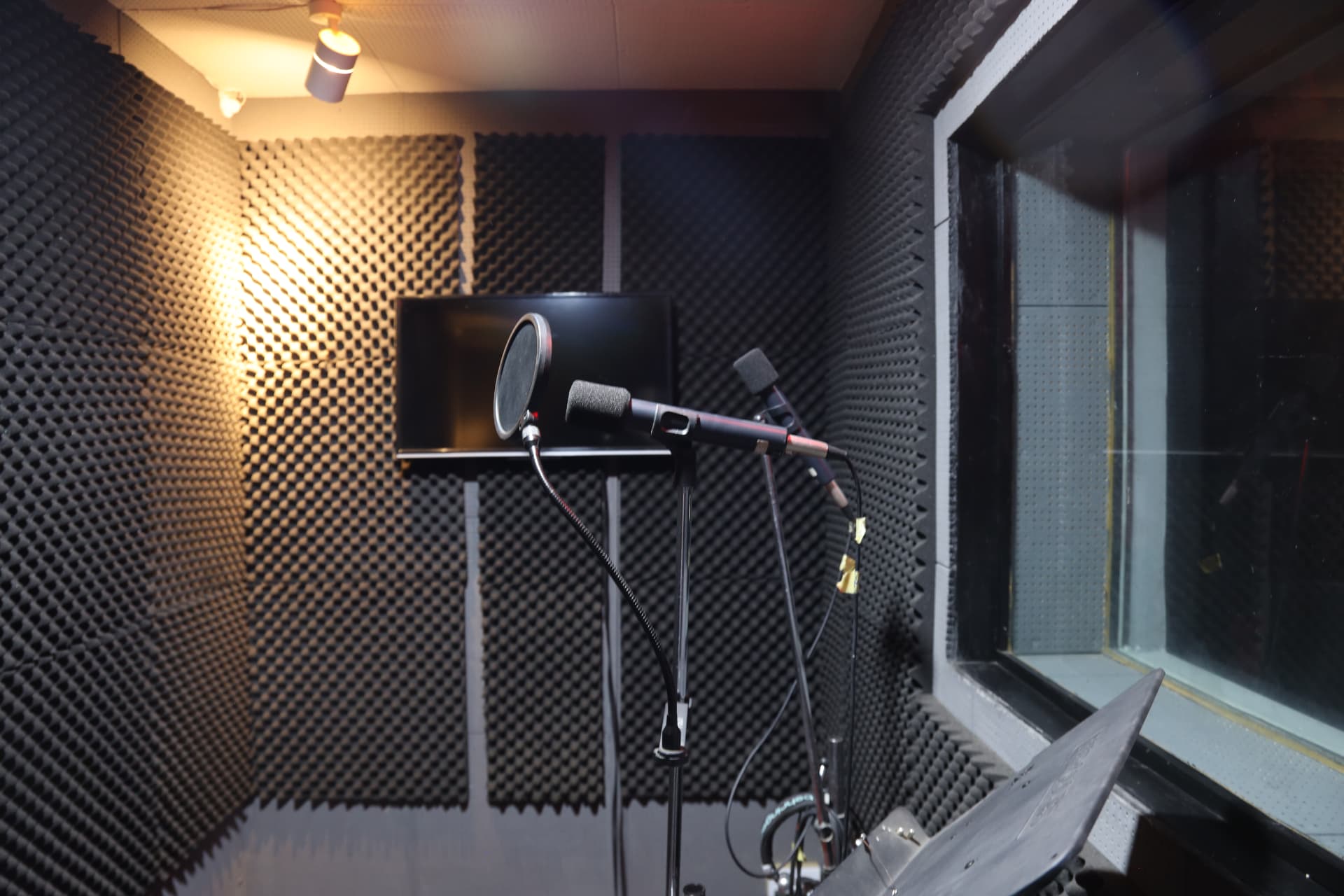 Close-up of microphone setup with pop filter inside the Sound Suite 2 vocal booth