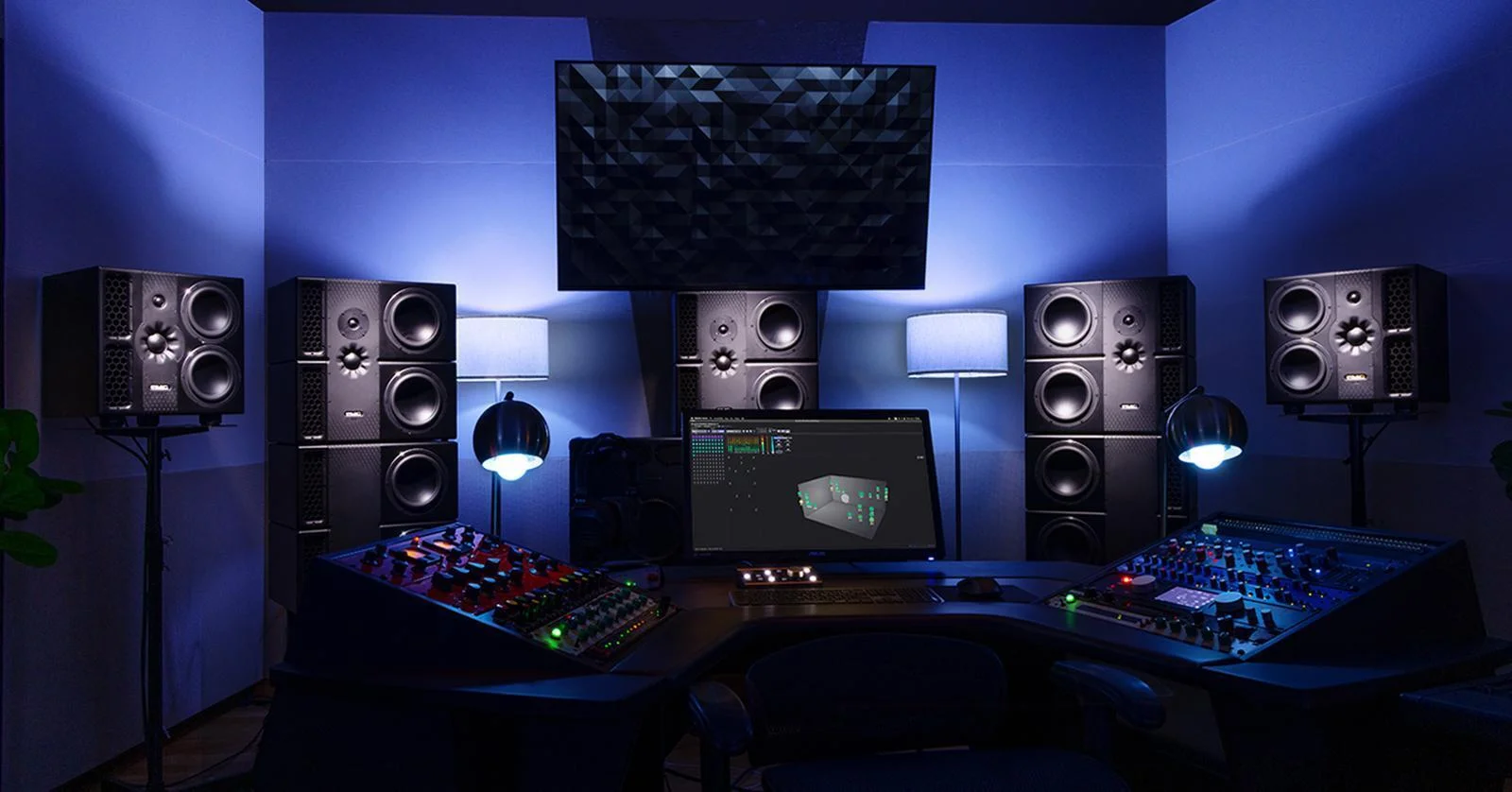 Dolby Atmos immersive post studio with blue lighting at Digitrack Studios
