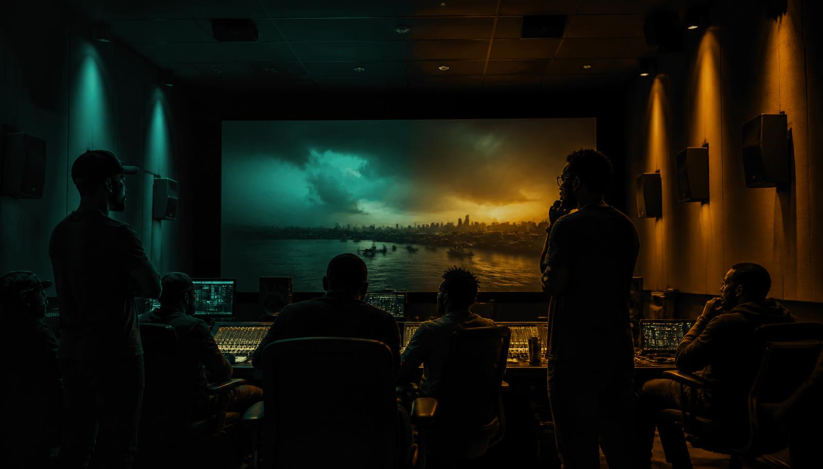 Directors reviewing a mix in the Digitrack dubbing theatre